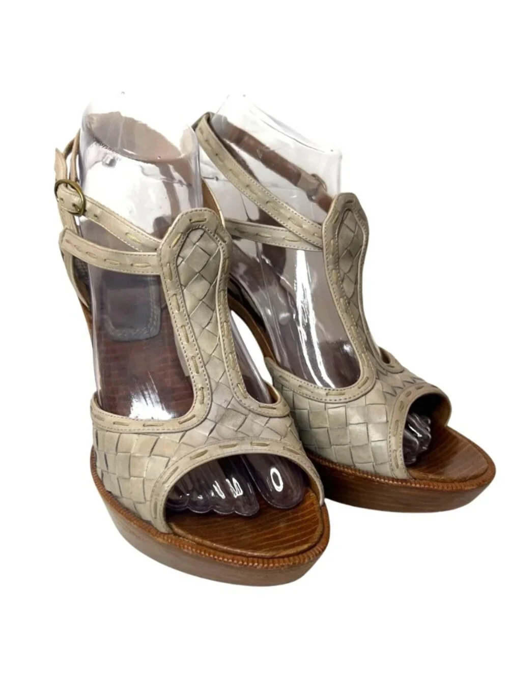 BOTTEGA VENETA Intrecciato Leather Ankle Strap Platform Sandals 38 8 Woven Gray